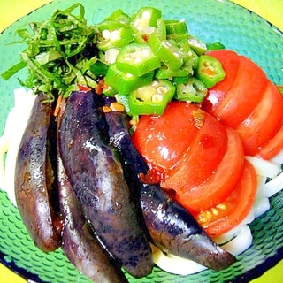 ピリ辛味❤夏野菜の冷やしぶっかけうどん